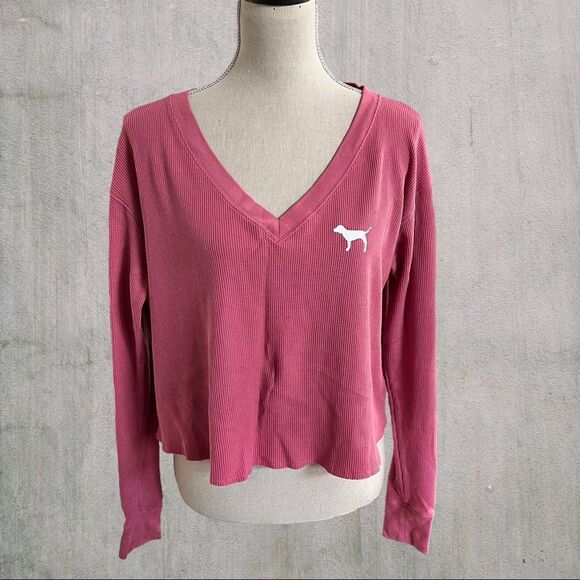 Pink Victoria Secret Cropped Long Sleeve V-Neck Waffle Tee Size XS, NWOT - Picture 1 of 5